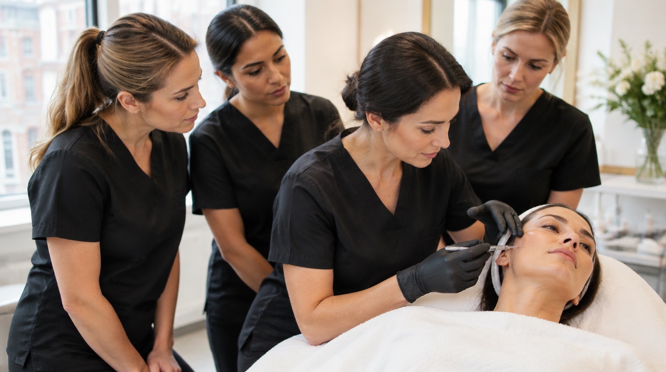 Small-group hands-on aesthetics training session with a trainer demonstrating a treatment